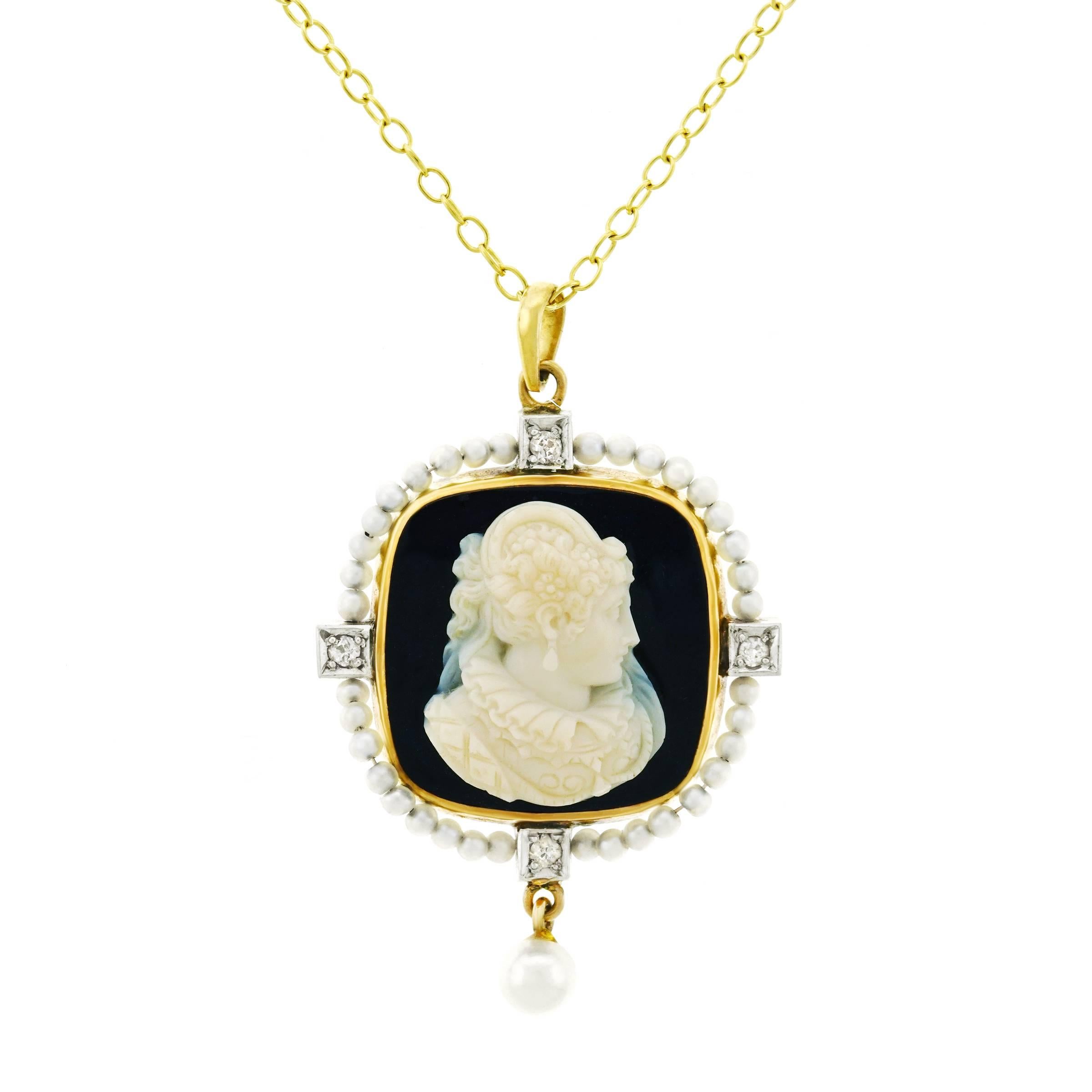 Gothic Cameo and Seed Pearl Gold Pendant