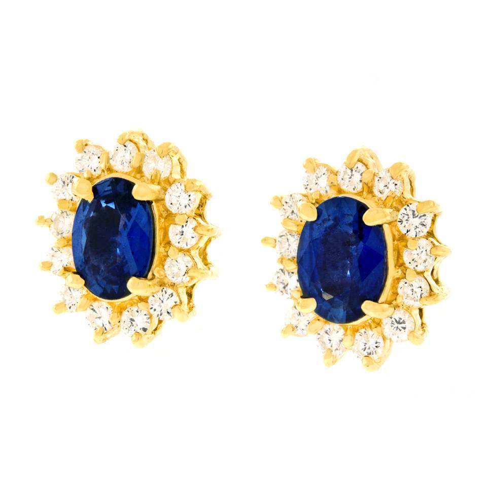 Classic Sapphire and Diamond Set Gold Earrings In Excellent Condition In Litchfield, CT