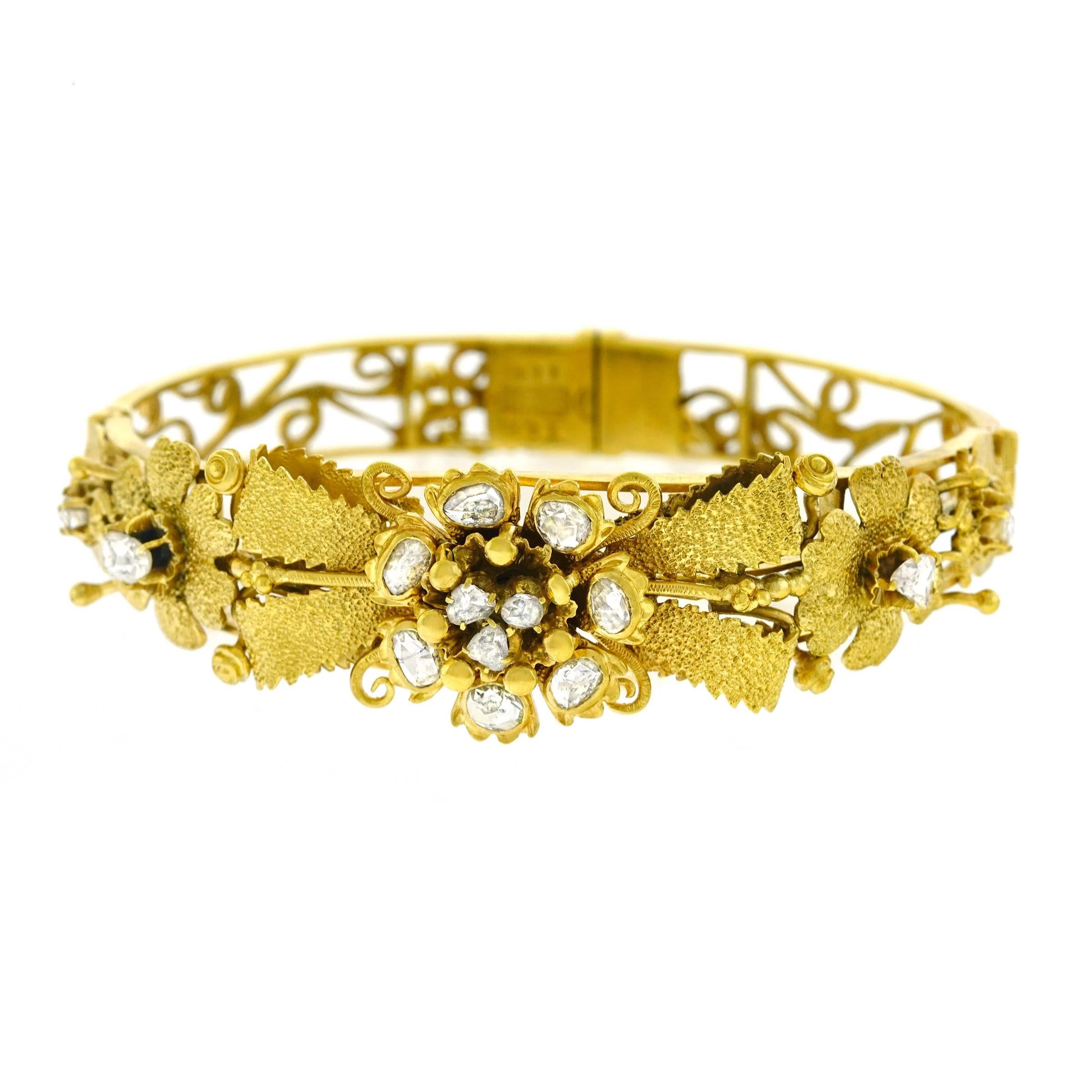 Spectacular Antique Peranakan Diamond Set Gold Bangle Bracelet