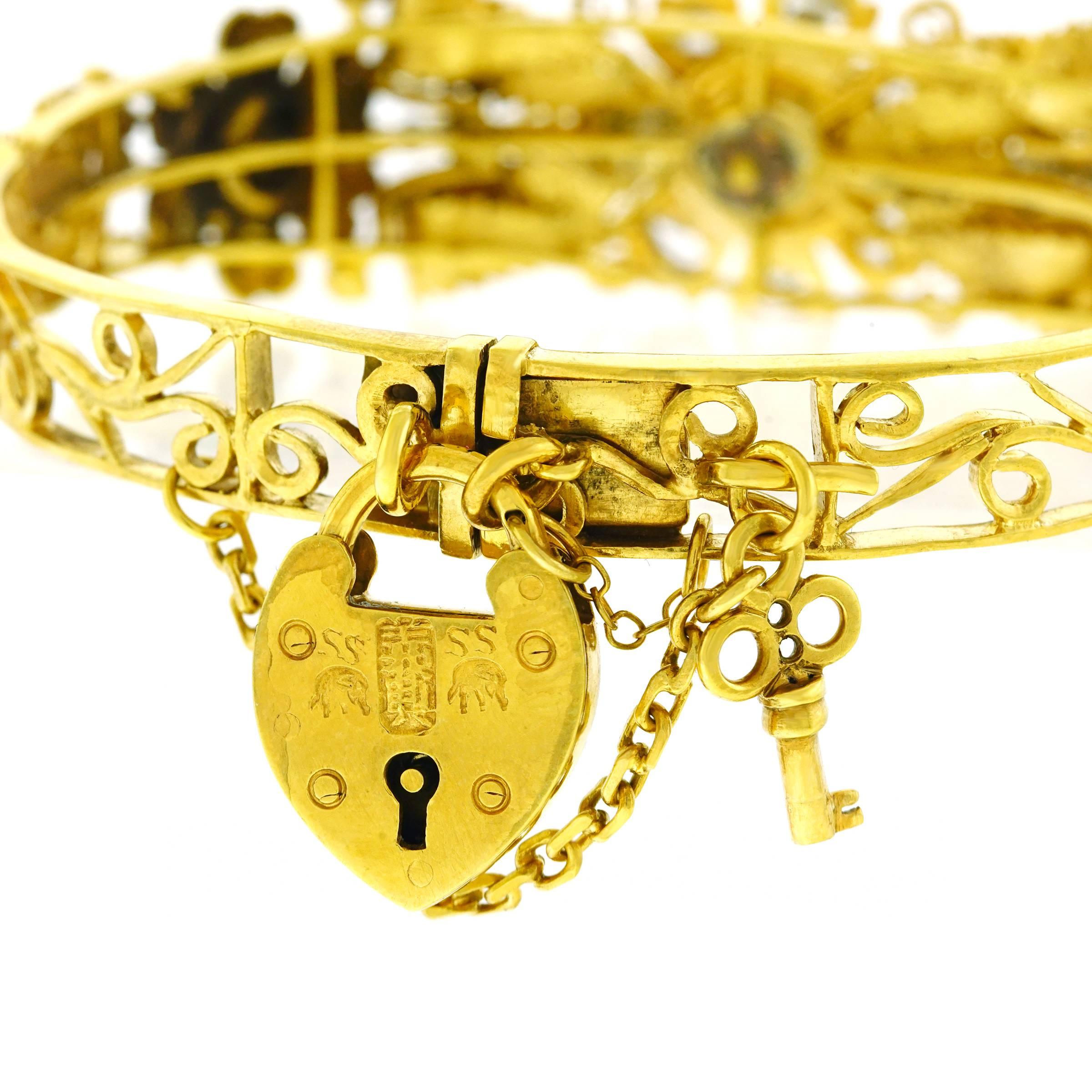 Women's Spectacular Antique Peranakan Diamond Set Gold Bangle Bracelet