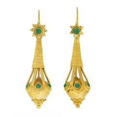 Vintage Etruscan Inspired Emerald Set Gold Earrings