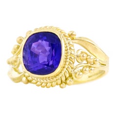 3.88 Carat Purple Sapphire Set Gold Ring GIA