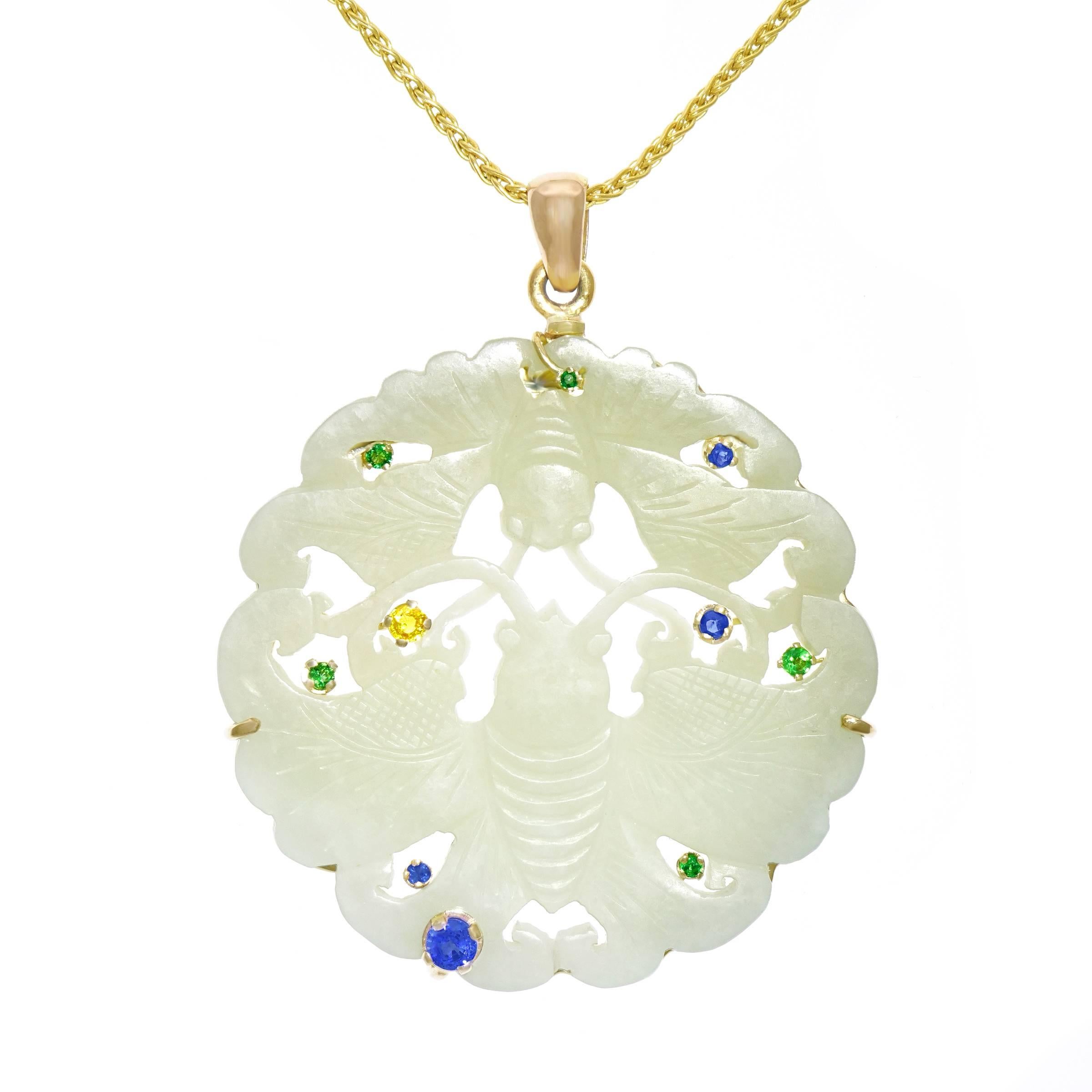 Jade Set with Sapphire and Emerald Gold Pendant