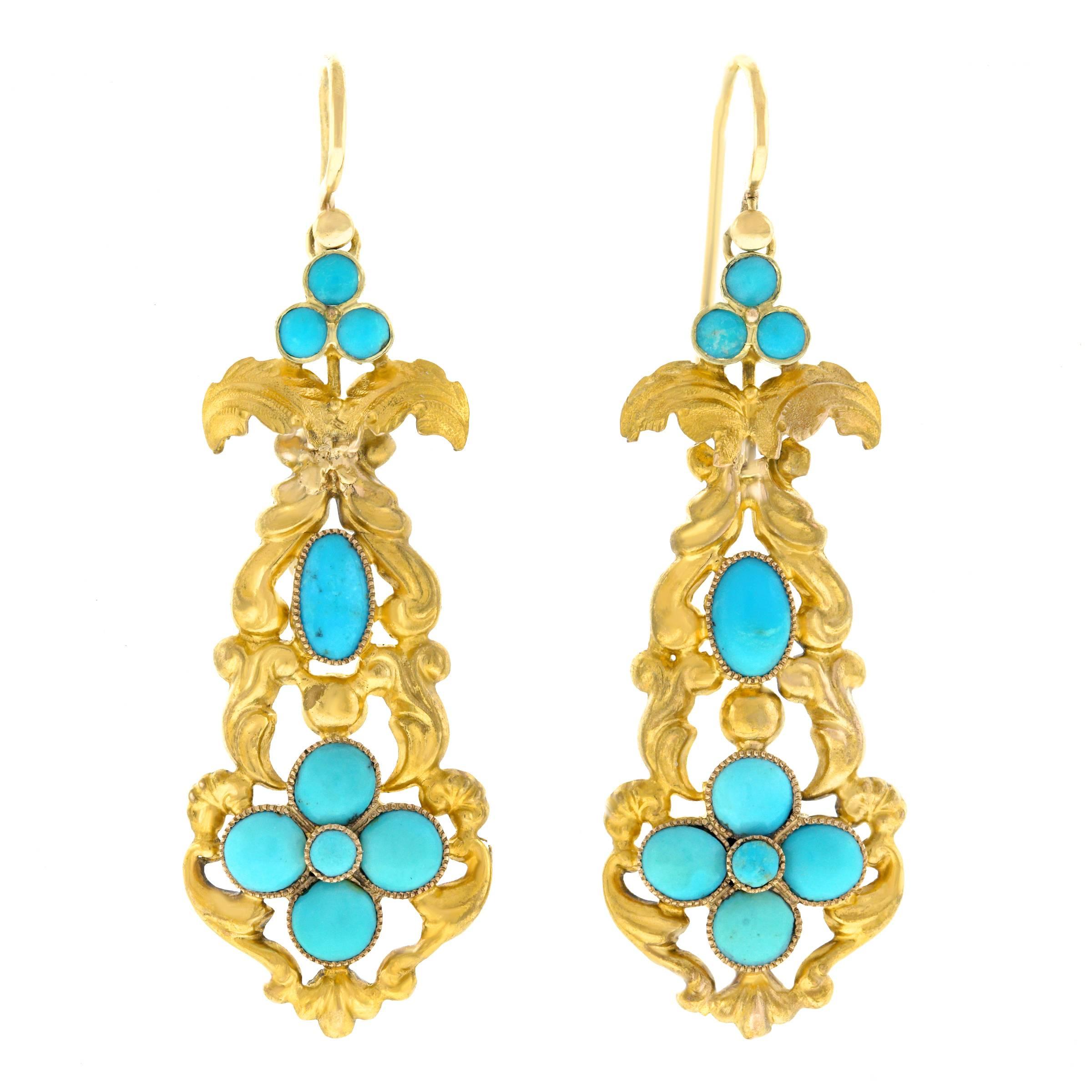 Antique Turquoise Set Gold Chandelier Earrings