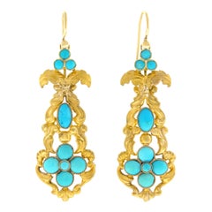 Antique Turquoise Set Gold Chandelier Earrings