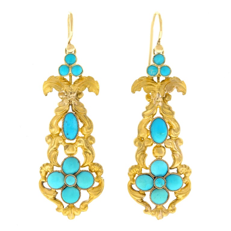 Antique Turquoise Set Gold Chandelier Earrings at 1stDibs