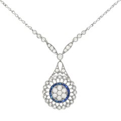 Art Deco Diamond and Sapphire Set Platinum over Gold Pendant Necklace, French