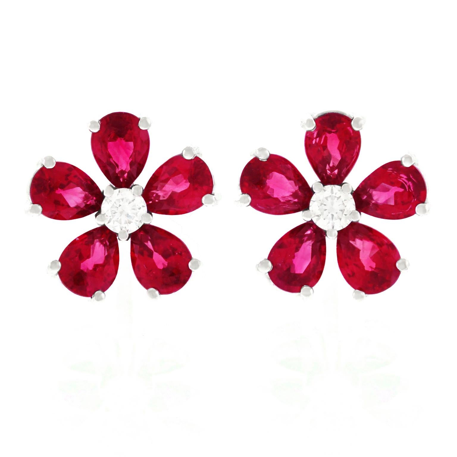 Spark Ruby and Diamond Set Gold Flower Earrings