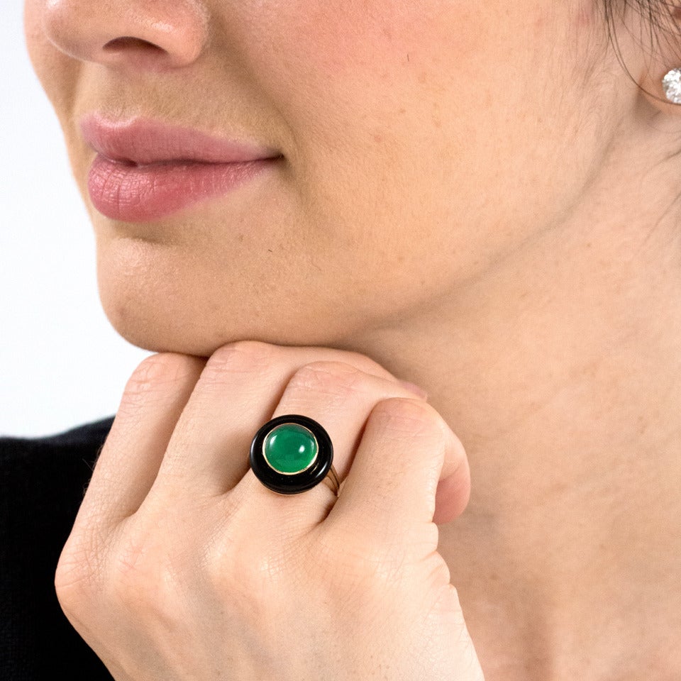 Women's Art Deco Chrysoprase Onyx Gold Ring