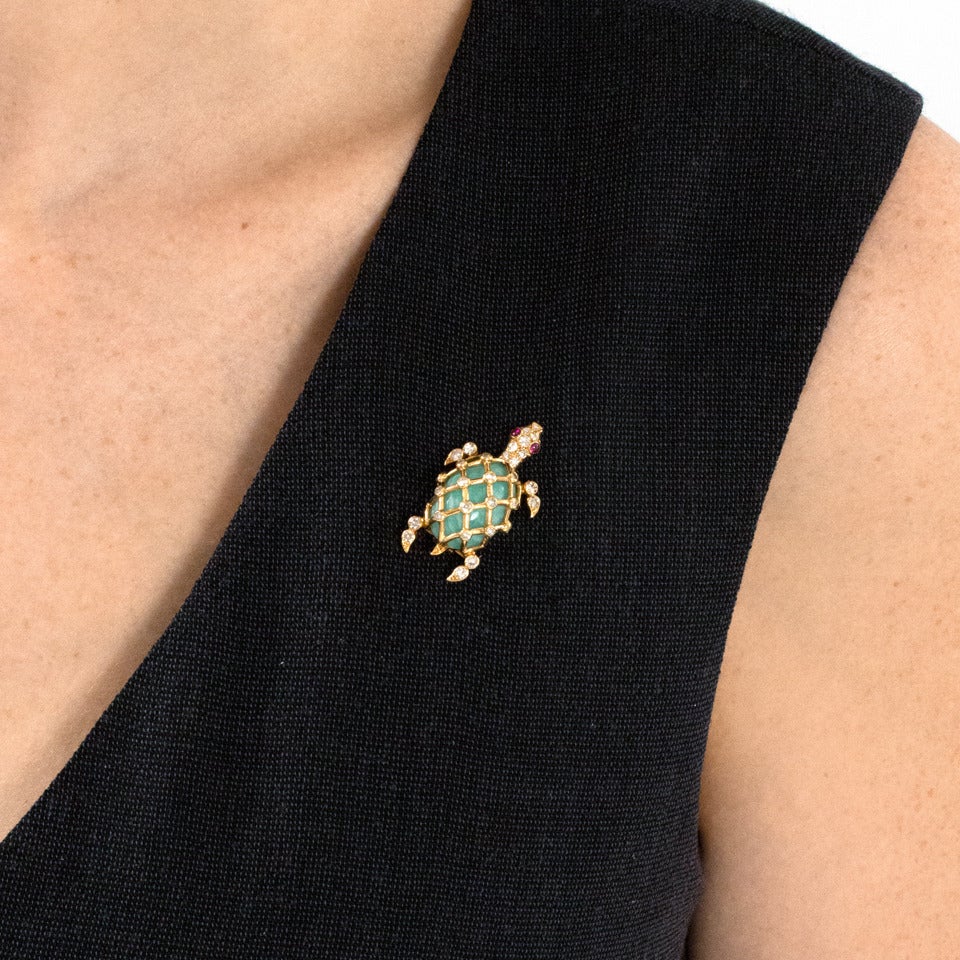 Women's Tiffany & Co. Jade Ruby Diamond Gold Turtle Brooch