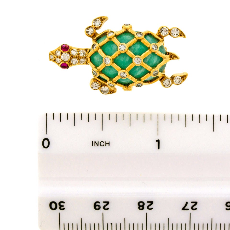 Tiffany & Co. Jade Ruby Diamond Gold Turtle Brooch 2