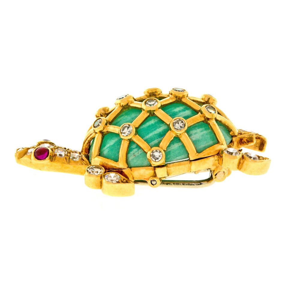 Tiffany & Co. Jade Ruby Diamond Gold Turtle Brooch 3