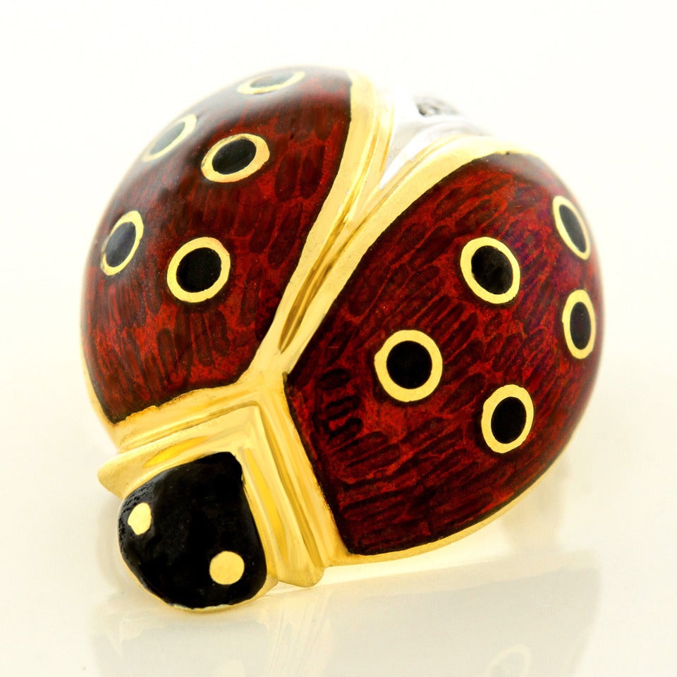 Wempe Enamel Diamond Gold Ladybug Brooch In Excellent Condition In Litchfield, CT