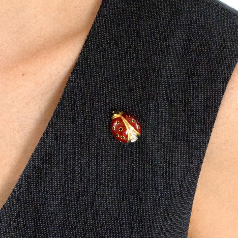 Women's Wempe Enamel Diamond Gold Ladybug Brooch