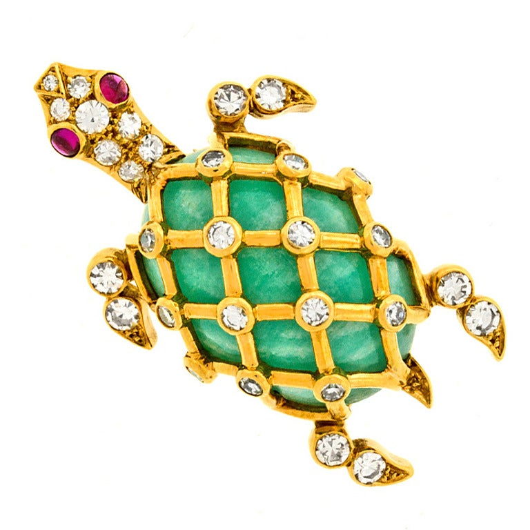 Tiffany & Co. Jade Ruby Diamond Gold Turtle Brooch