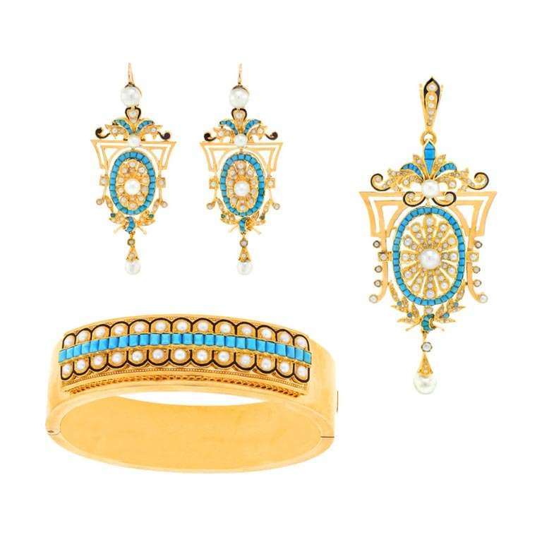 Viktorianisch viktorianische Demi-Parure-Türkis und Perle