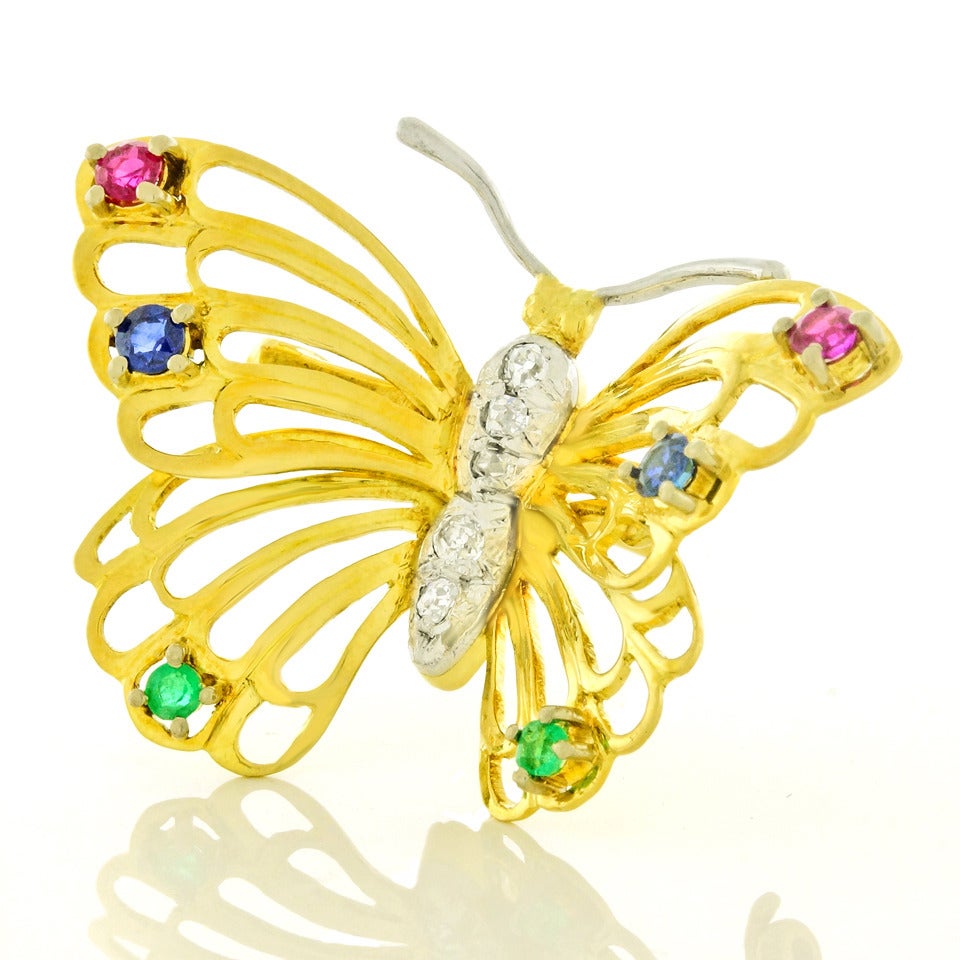 Ruby Sapphire Emerald Diamond-Set Gold Butterfly Brooch In Excellent Condition In Litchfield, CT