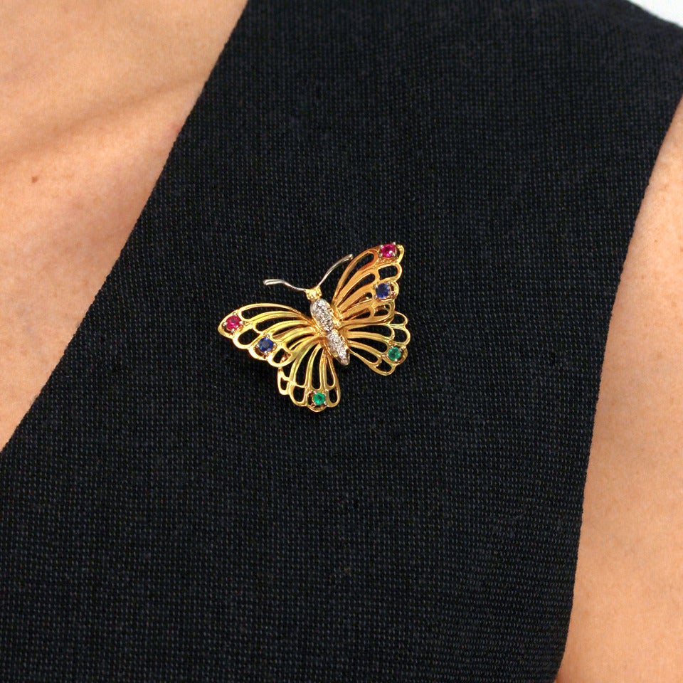 Women's Ruby Sapphire Emerald Diamond-Set Gold Butterfly Brooch