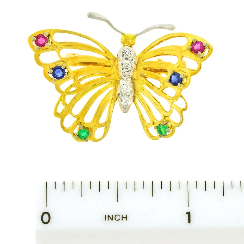 Ruby Sapphire Emerald Diamond-Set Gold Butterfly Brooch 2