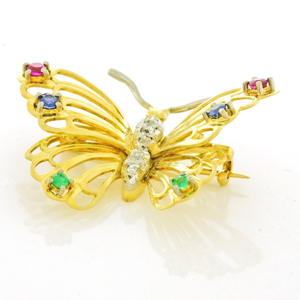 Ruby Sapphire Emerald Diamond-Set Gold Butterfly Brooch 3