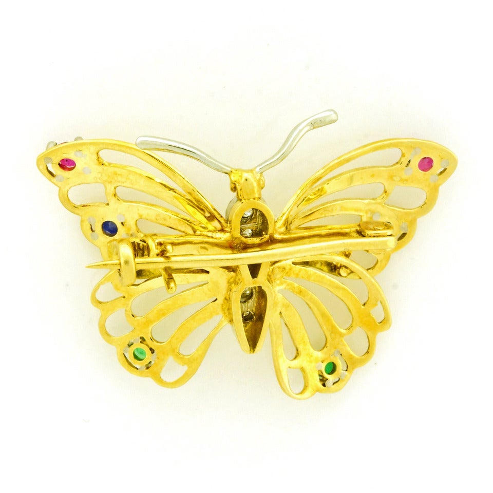 Ruby Sapphire Emerald Diamond-Set Gold Butterfly Brooch 4