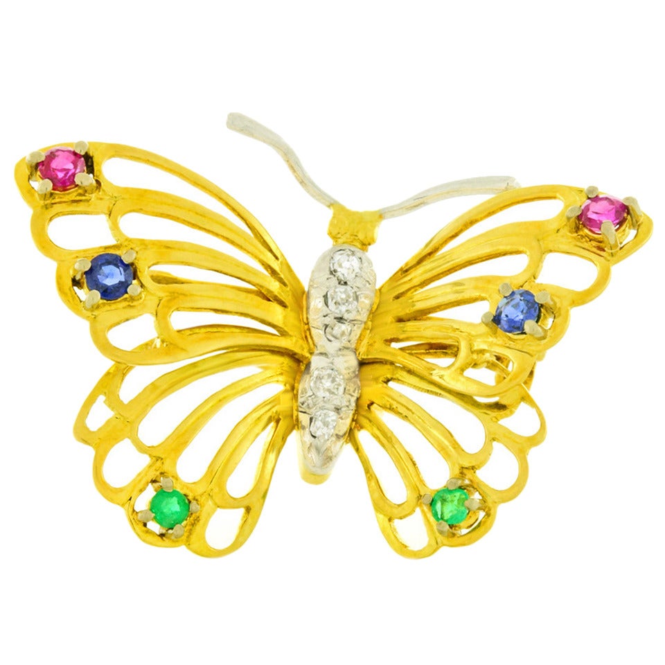 Ruby Sapphire Emerald Diamond-Set Gold Butterfly Brooch