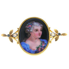 Antique Enamel and Gold Naughty Portrait Brooch