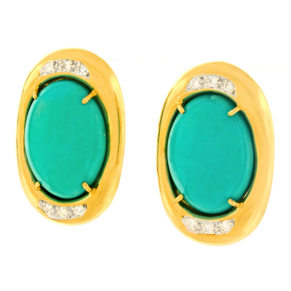 Persian Cabochon Turquoise Diamond Gold Earrings In Excellent Condition In Litchfield, CT