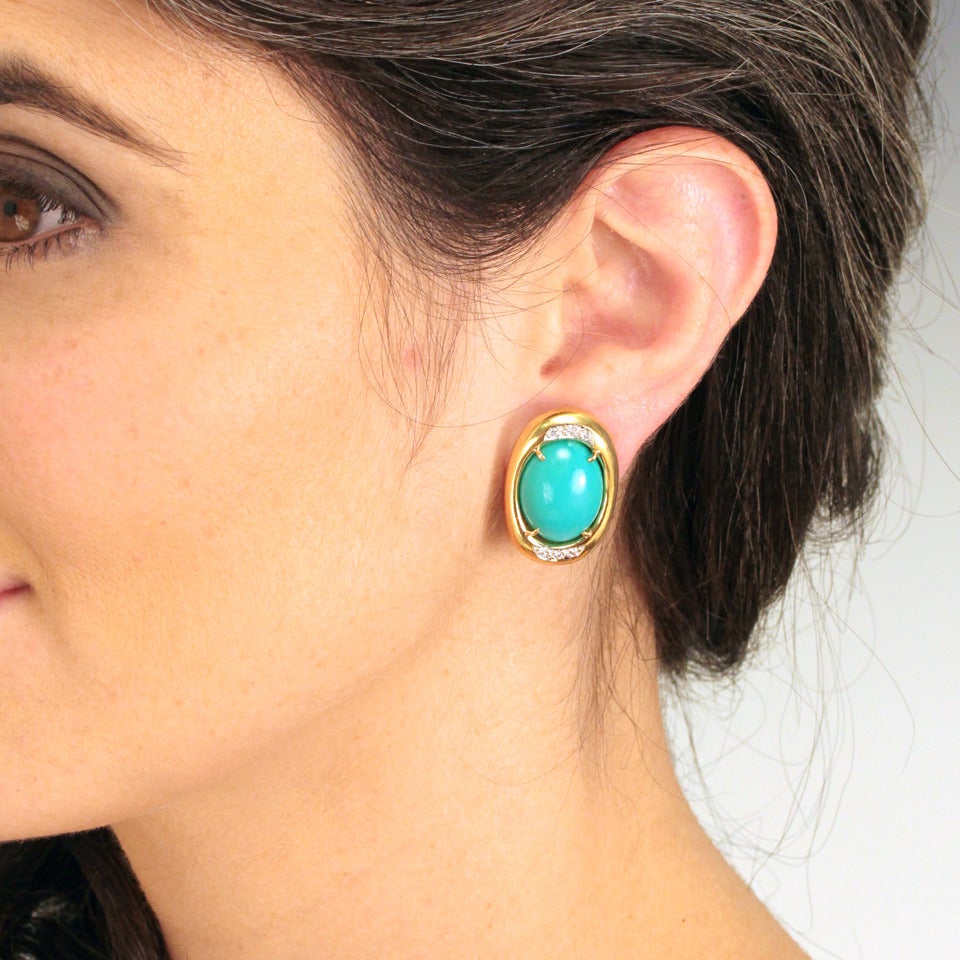 Women's Persian Cabochon Turquoise Diamond Gold Earrings
