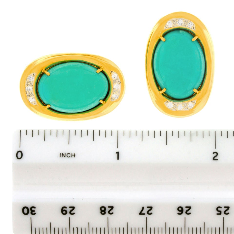 Persian Cabochon Turquoise Diamond Gold Earrings 2