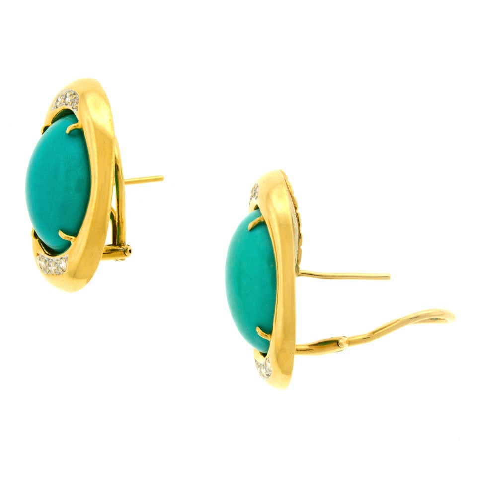 Persian Cabochon Turquoise Diamond Gold Earrings 3