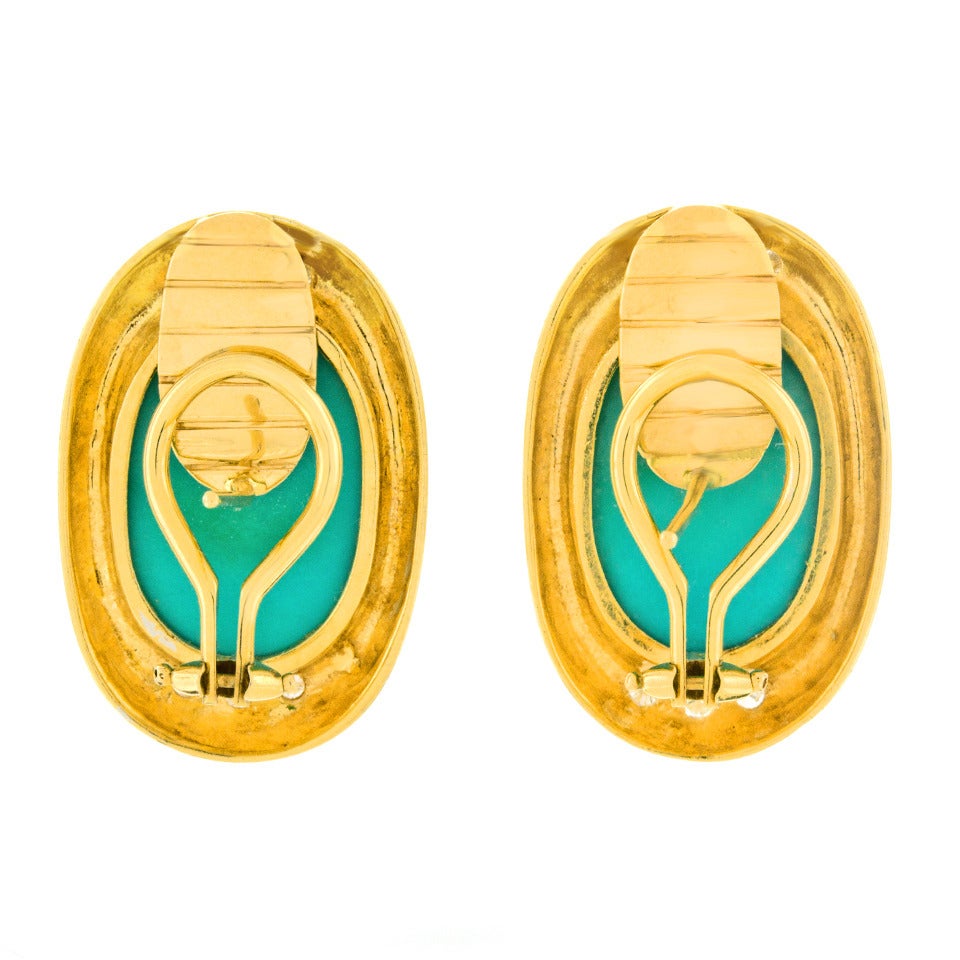 Persian Cabochon Turquoise Diamond Gold Earrings 4