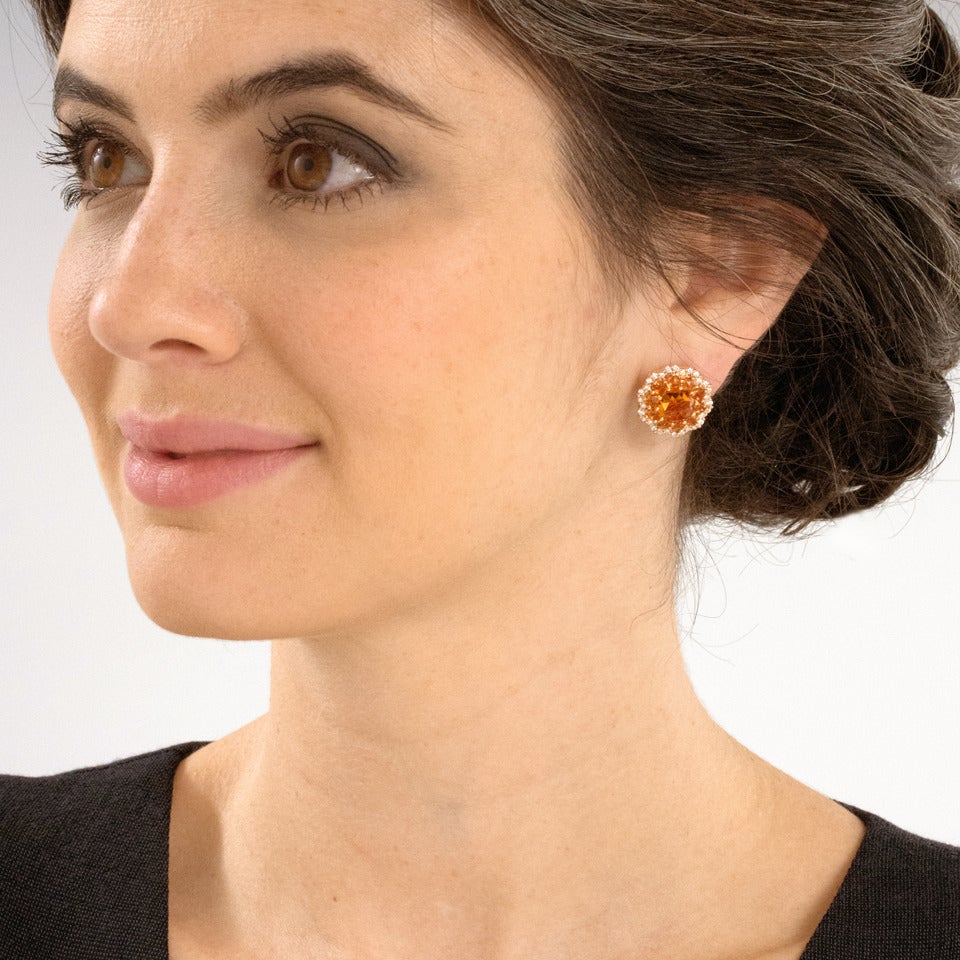 Circa 2000, 18k, Crivelli, Italy.   These dazzling earrings feature a lush orangey yellow citrine landscape bordered by brilliant white diamonds. The look is sophisticated, colorful and very Italian. Since 1970, Crivelli has been creating superb
