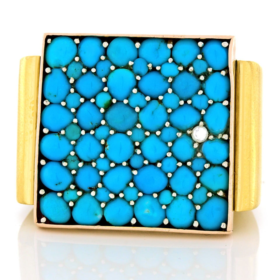 Post Modernist Sixties Persian Turquoise & Diamond Ring In Excellent Condition In Litchfield, CT