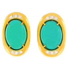 Vintage Persian Cabochon Turquoise Diamond Gold Earrings