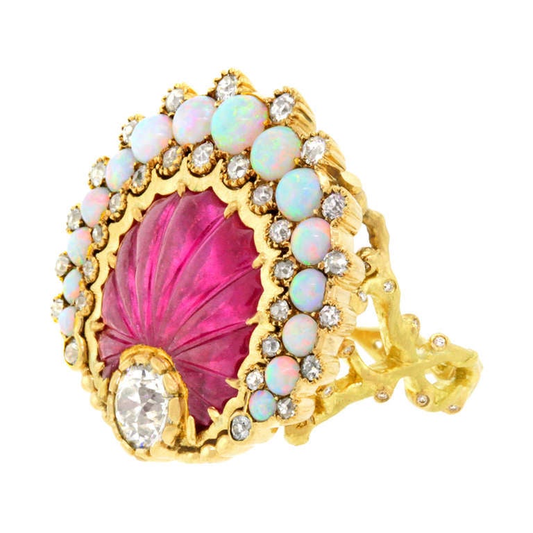 Carved Ruby Diamond Opal Sea Shell Ring In Excellent Condition In Litchfield, CT