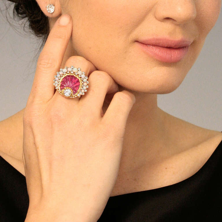 Women's Carved Ruby Diamond Opal Sea Shell Ring
