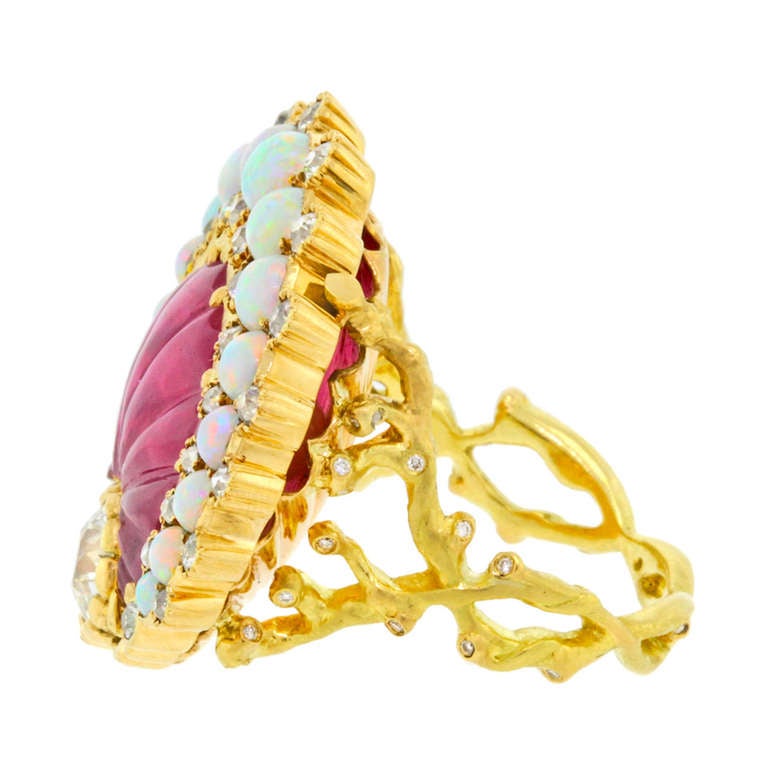 Carved Ruby Diamond Opal Sea Shell Ring 3