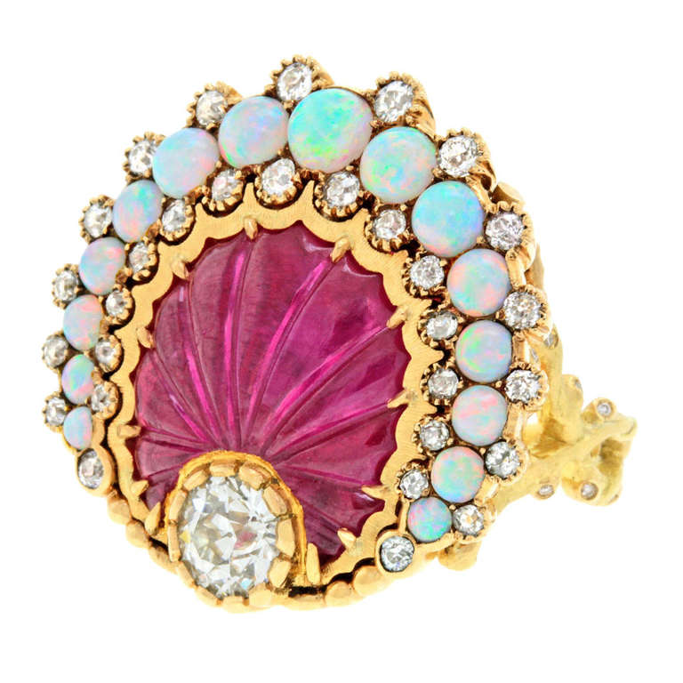 Carved Ruby Diamond Opal Sea Shell Ring