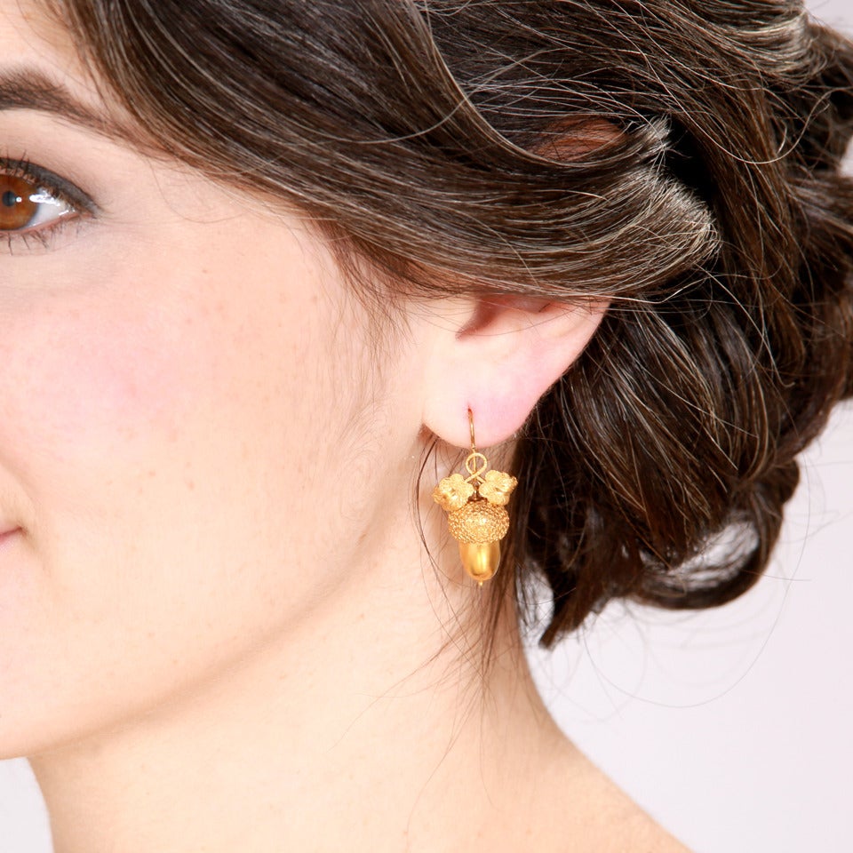 Women's Antique Gold Acorn and Oak Leaf Dangle Earrings