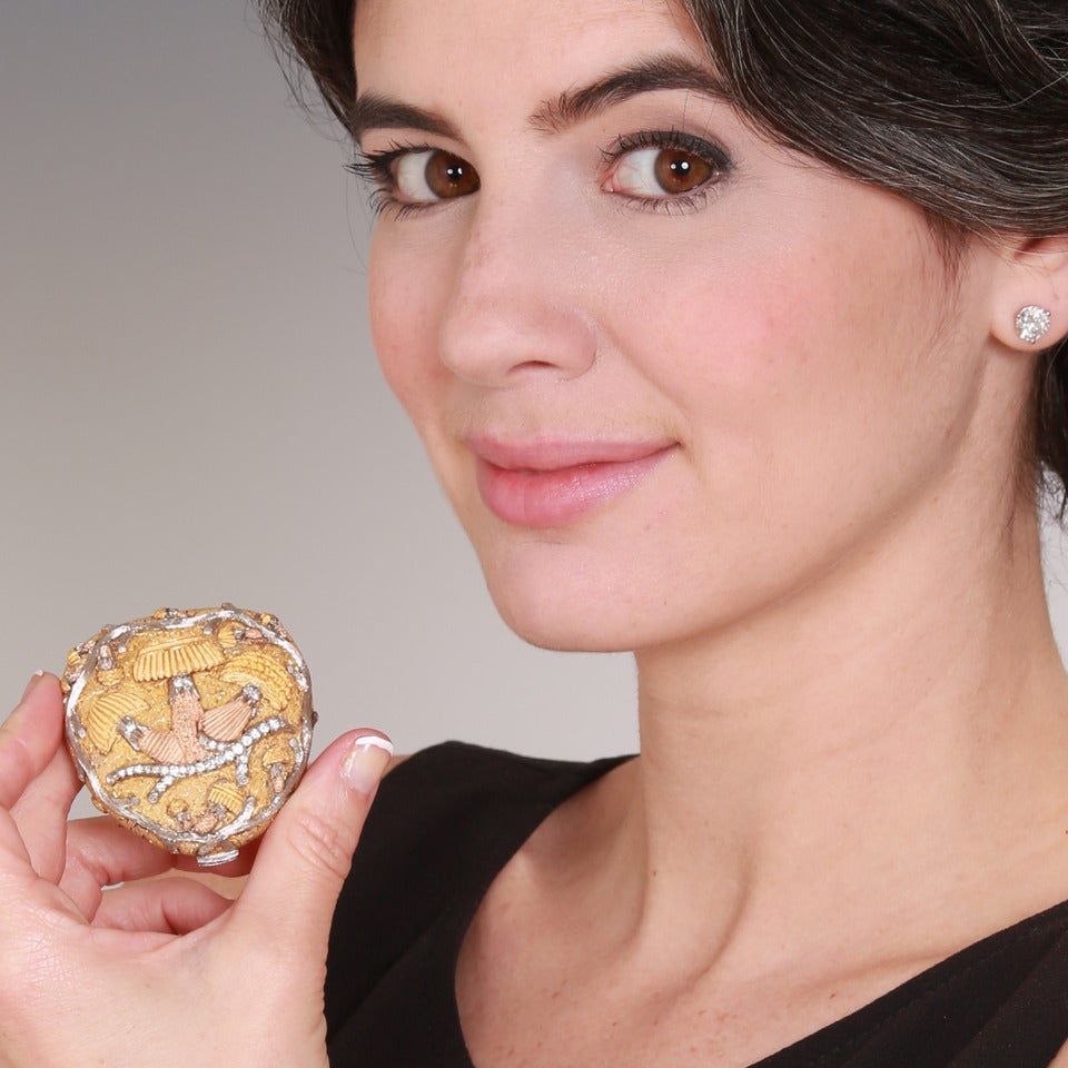 Women's Cazzaniga Diamond Set Tricolor Gold Mushroom Motif Compact