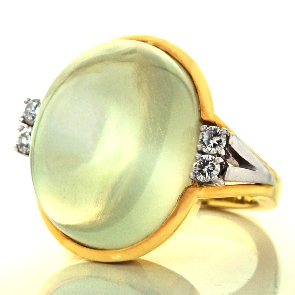 Modernist Green Moonstone Diamond Gold Cocktail Ring In Excellent Condition In Litchfield, CT