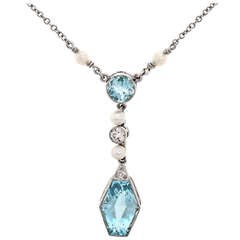 Antique Art Deco Aquamarine Diamond & Pearl Necklace