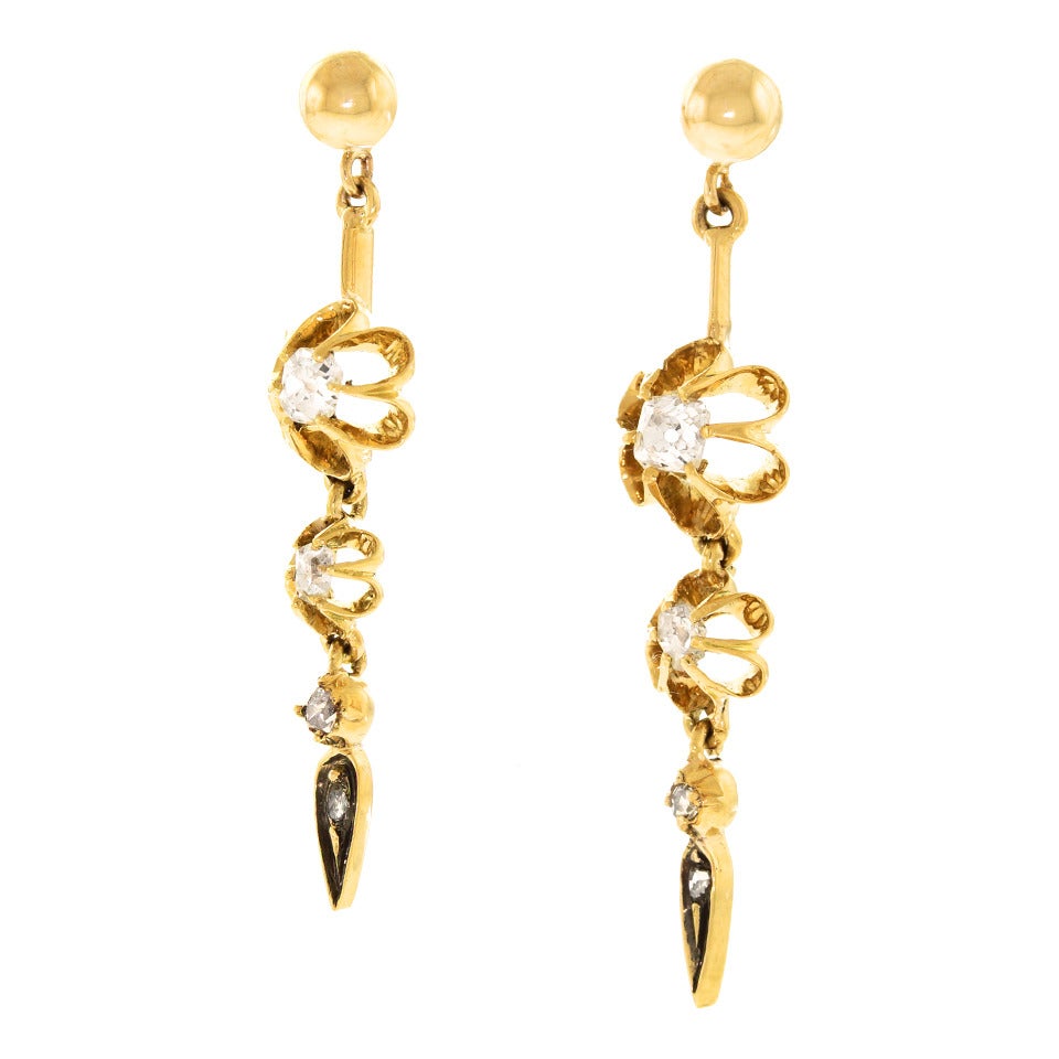 Victorian Diamond Gold Dangle Earrings In Excellent Condition In Litchfield, CT