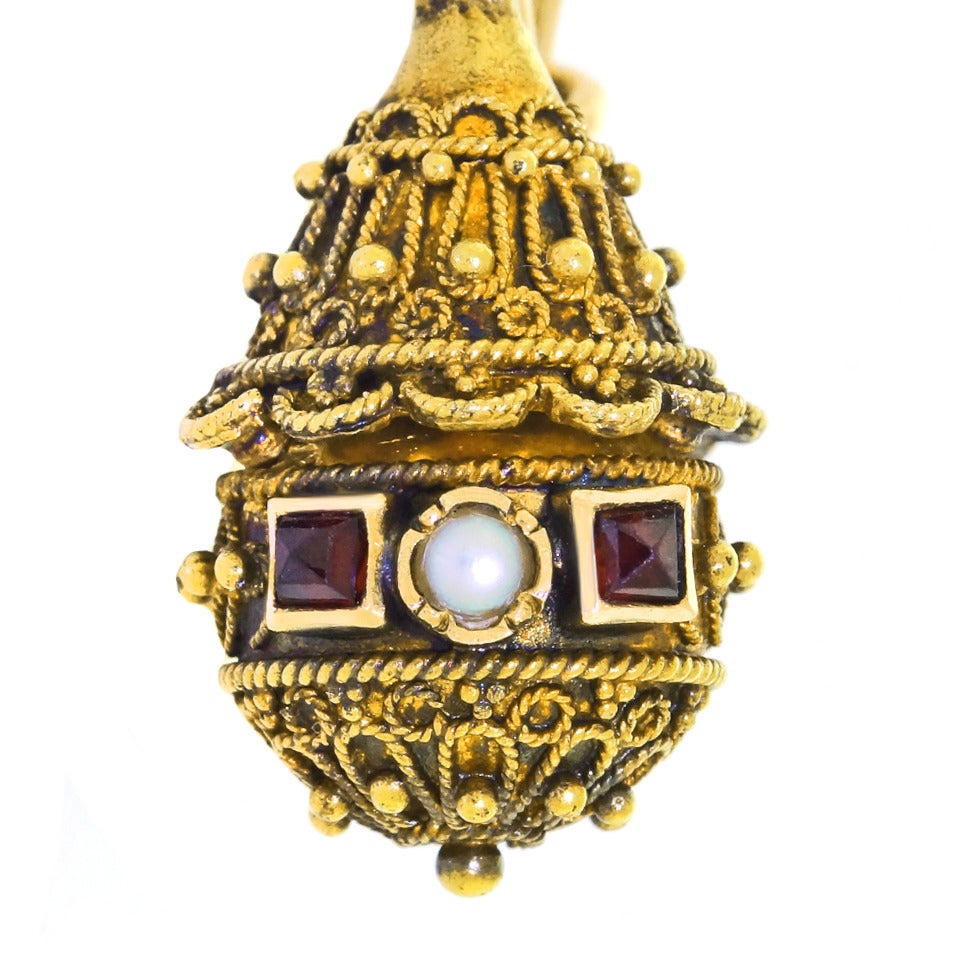 Victorian Etruscan Revival Pearl Ruby Gold Dangle Earrings 1