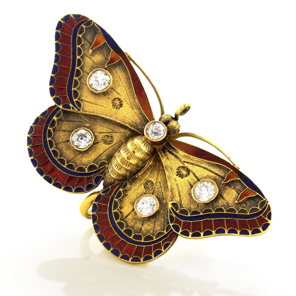 Art Nouveau Antique Enamel Diamond Gold Butterfly Brooch