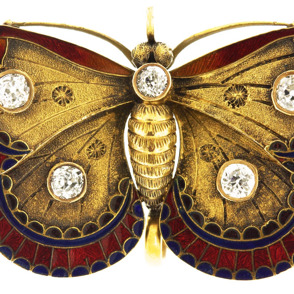 Women's Antique Enamel Diamond Gold Butterfly Brooch