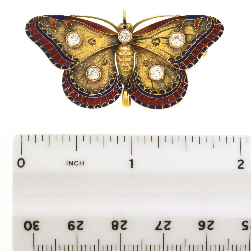 Antique Enamel Diamond Gold Butterfly Brooch 1