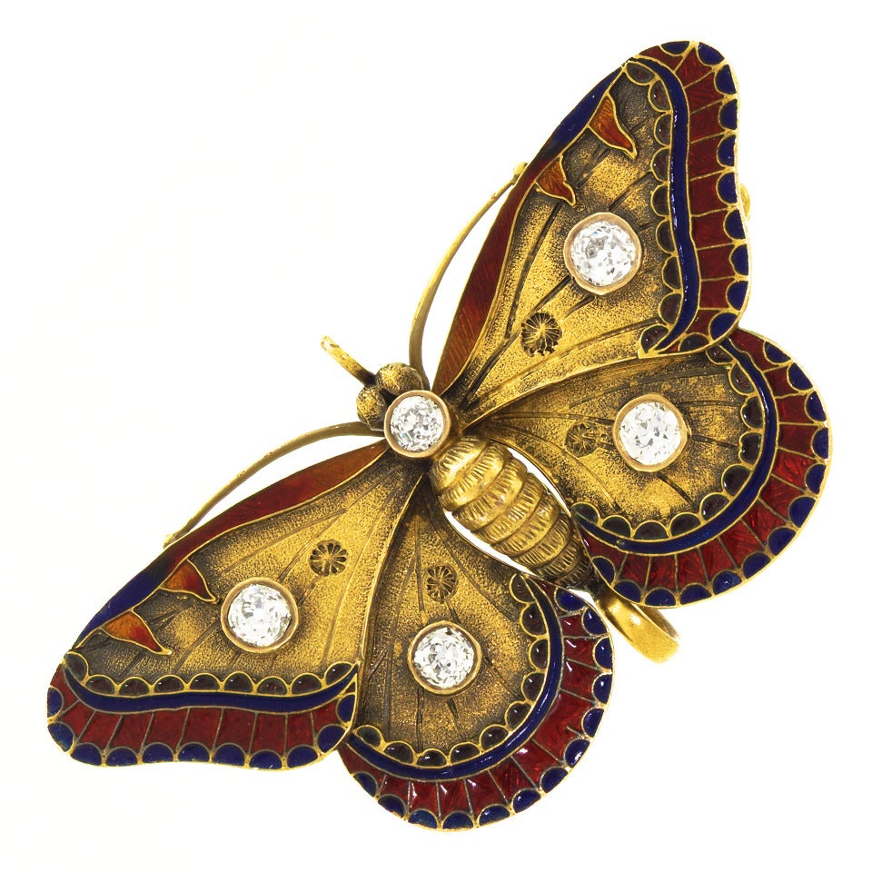 Antique Enamel Diamond Gold Butterfly Brooch 3