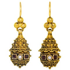 Antique Victorian Etruscan Revival Pearl Ruby Gold Dangle Earrings